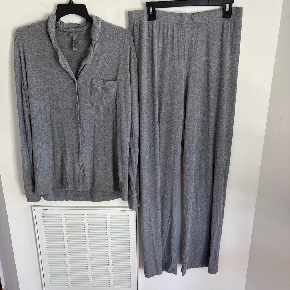 Skims Soft Ribbed Pajama Set Women Gray Medium Lounge Modal Spandex Sleepwear